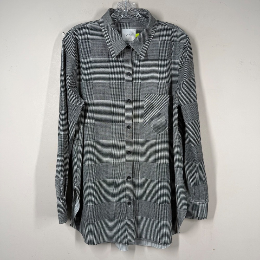 Lysse Schiffer Button Down Shirt Glen Plaid Grey Black Stretch Long Sleeve Sz L